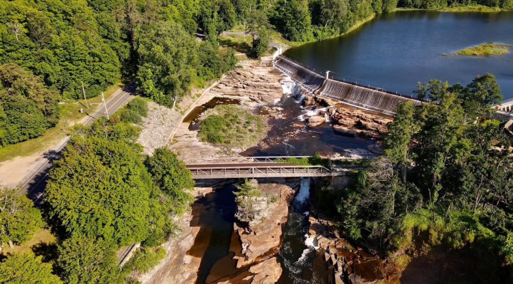 An drone view of the Old State Road Bridge. You can tour all of our bridges even if two are closed.